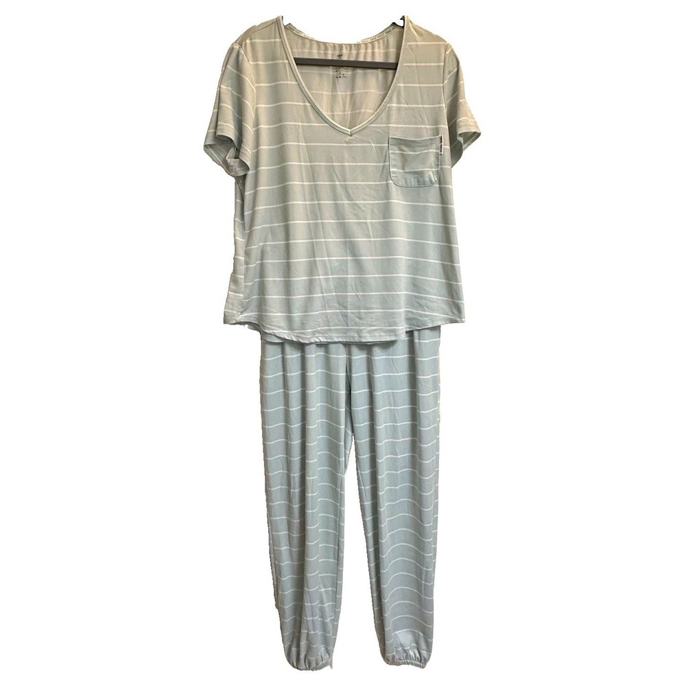Nine West Sleepwear Womens L Blue/White Striped Pajama Set V-Neck Drawstring